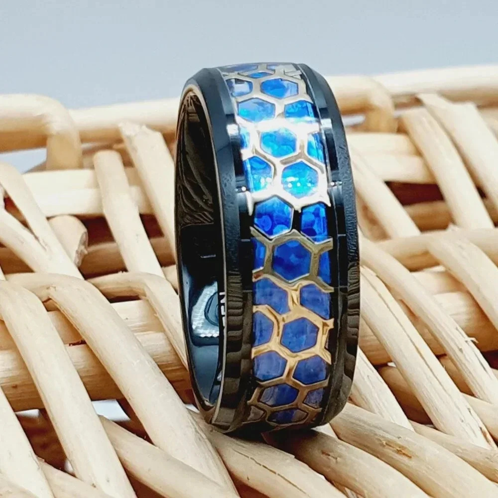 "Honeycomb Pattern Blue Opal Inlay Tungsten Wedding Ring, GALTUN944